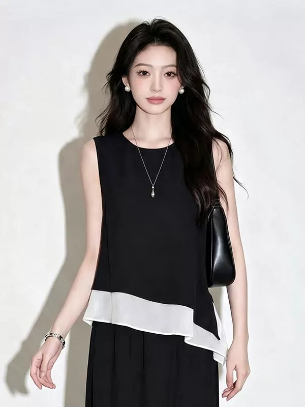 French Black Sleeveless Irregular Chiffon Shirt for Women Summer 2026 New Unique Design Top - Image 2