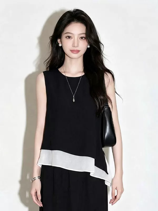 French Black Sleeveless Irregular Chiffon Shirt for Women Summer 2026 New Unique Design Top - Image 4