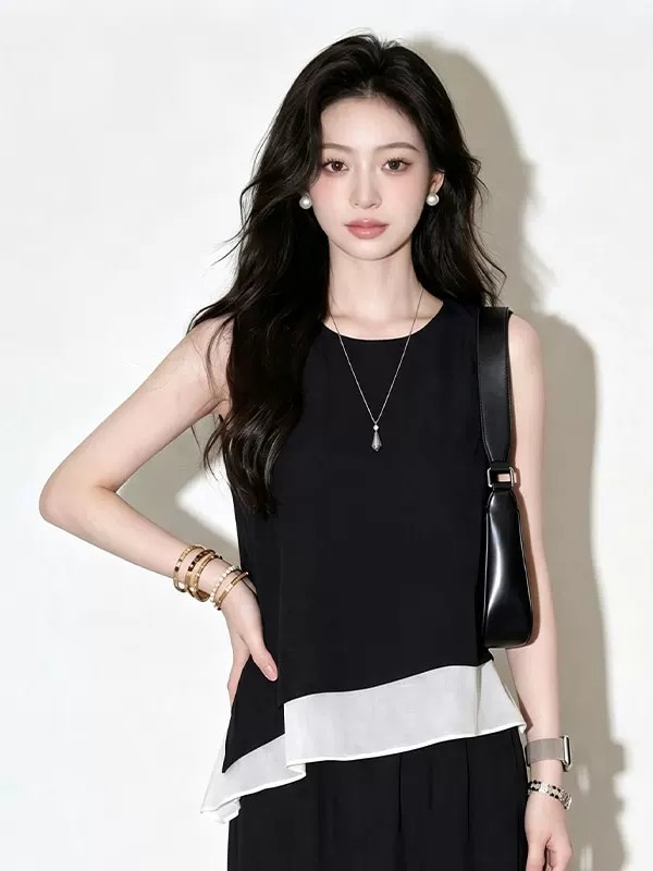 French Black Sleeveless Irregular Chiffon Shirt for Women Summer 2026 New Unique Design Top - Image 3