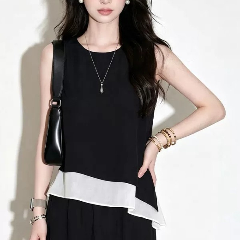 French Black Sleeveless Irregular Chiffon Shirt for Women Summer 2026 New Unique Design Top - Image 5