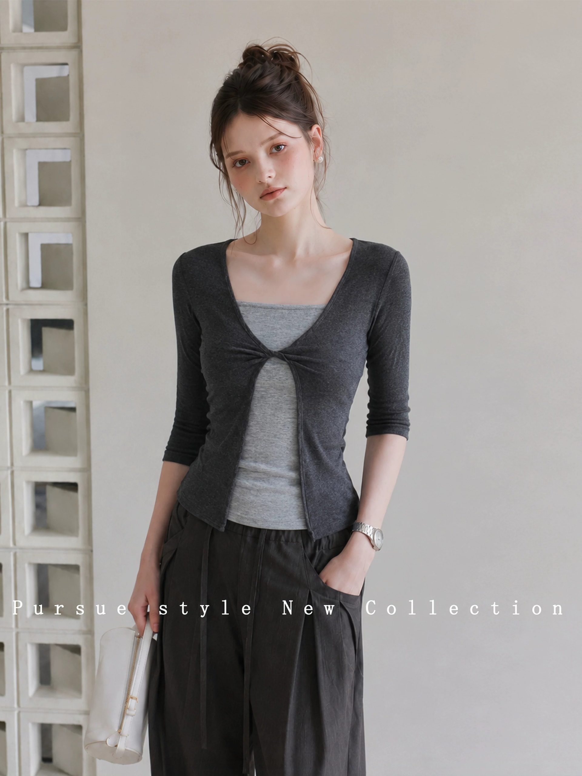 Women's Faux Two-Piece Slim Fit Mid Sleeve T-Shirt Summer Lightweight Top - Image 3