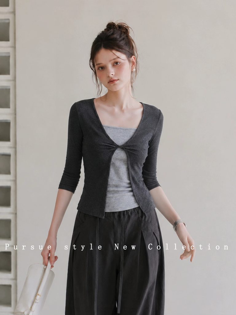 Women's Faux Two-Piece Slim Fit Mid Sleeve T-Shirt Summer Lightweight Top
