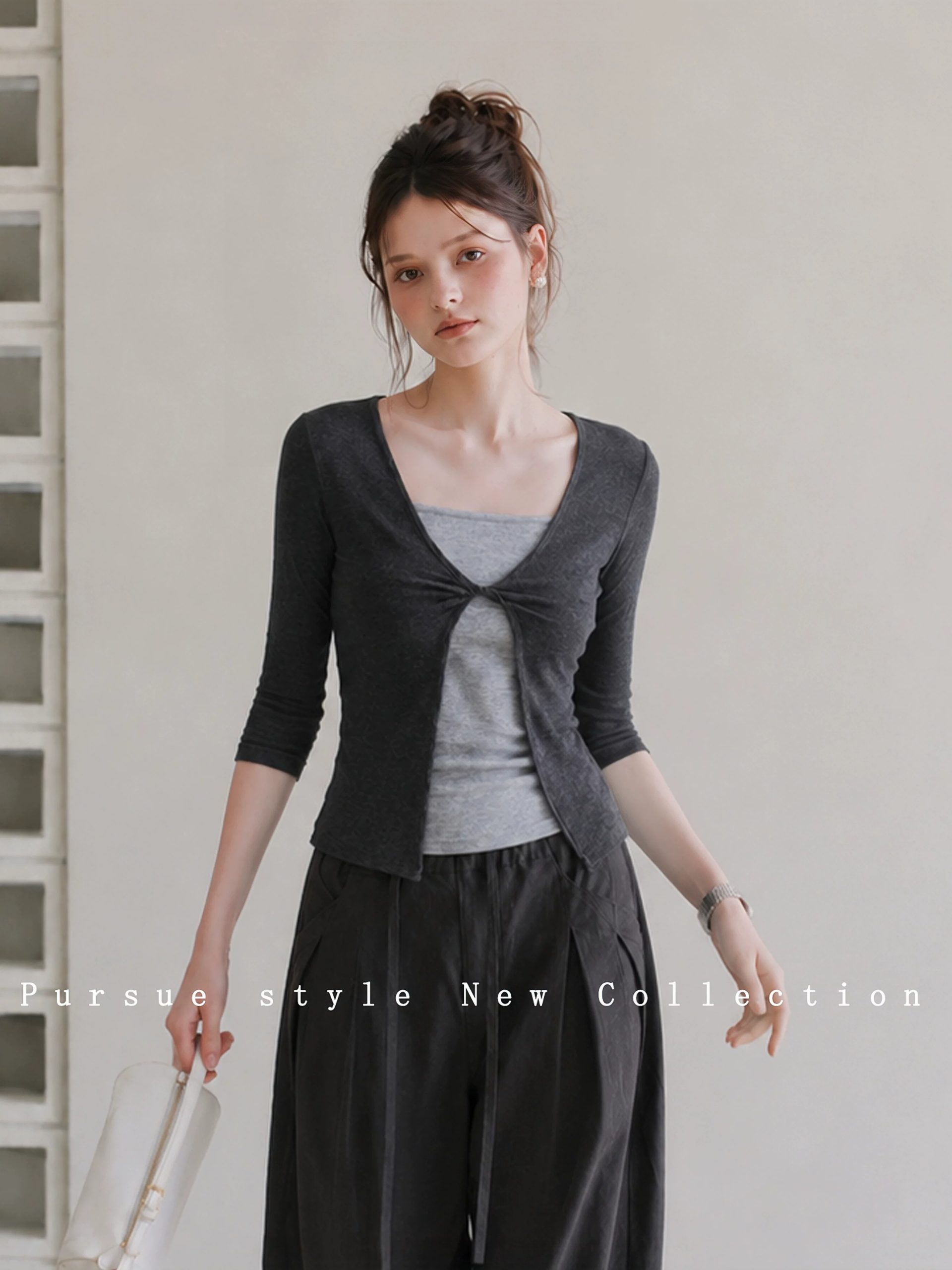 Women's Faux Two-Piece Slim Fit Mid Sleeve T-Shirt Summer Lightweight Top