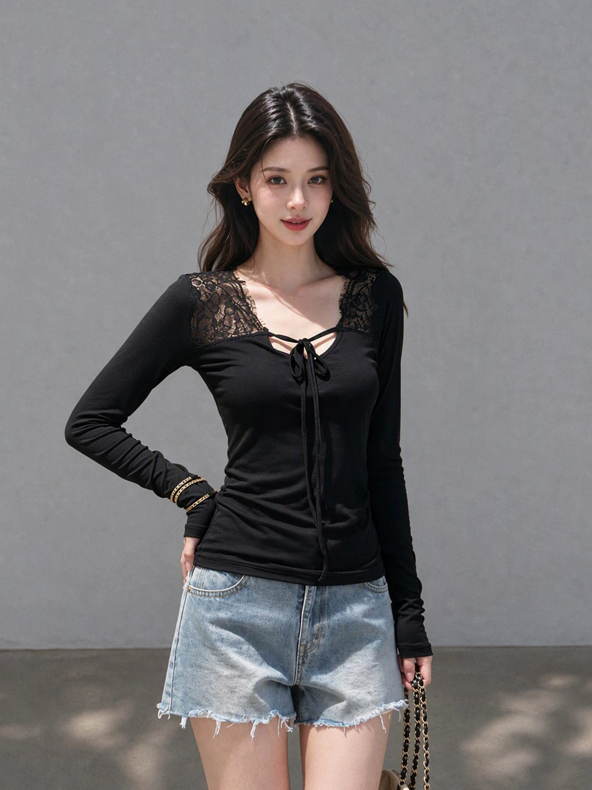 Women's Lace Patchwork Shoulder Long Sleeve V-Neck Tie Slimming Top - Image 2