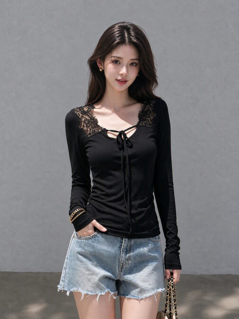 Women's Lace Patchwork Shoulder Long Sleeve V-Neck Tie Slimming Top