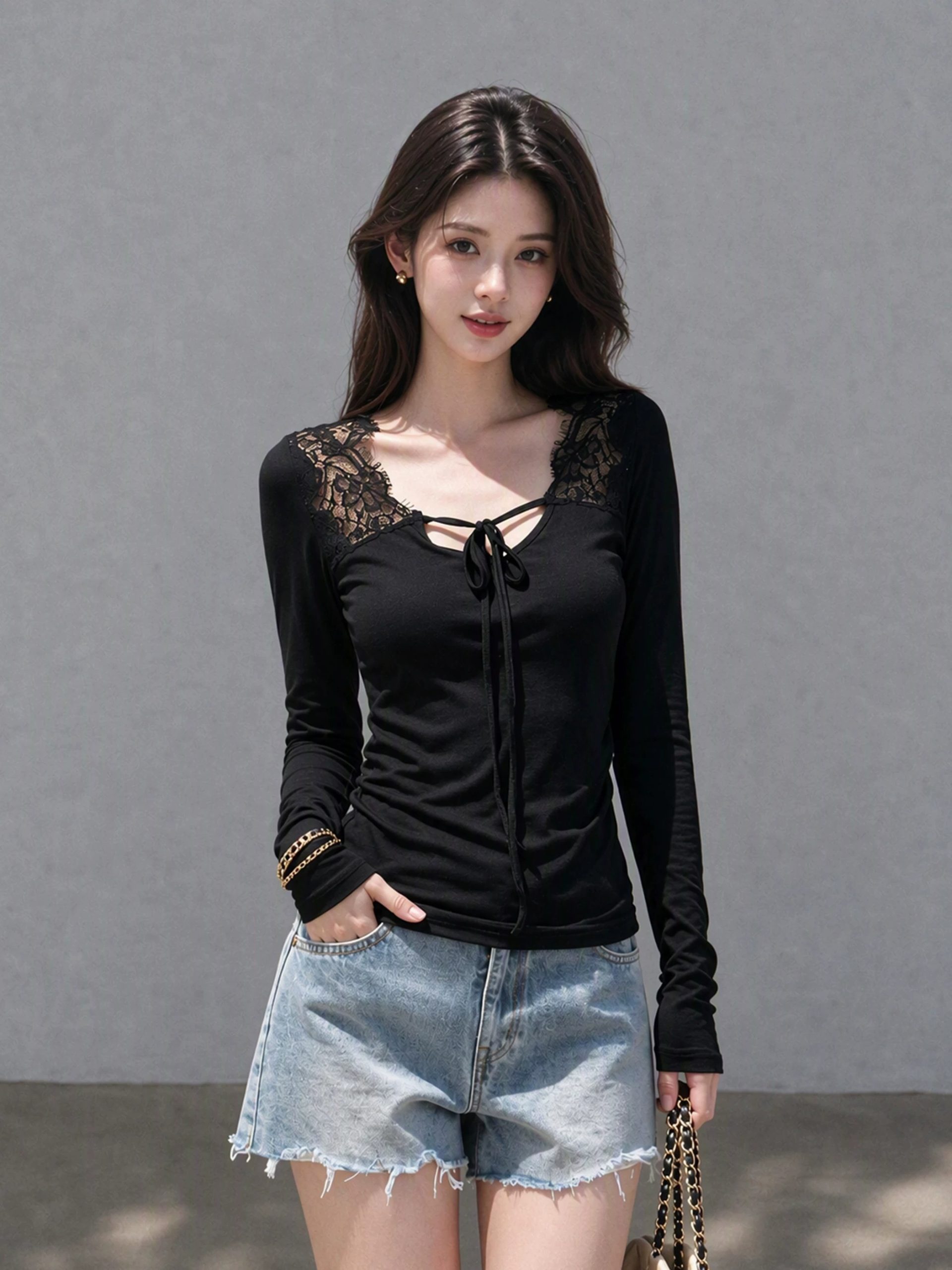 Women's Lace Patchwork Shoulder Long Sleeve V-Neck Tie Slimming Top