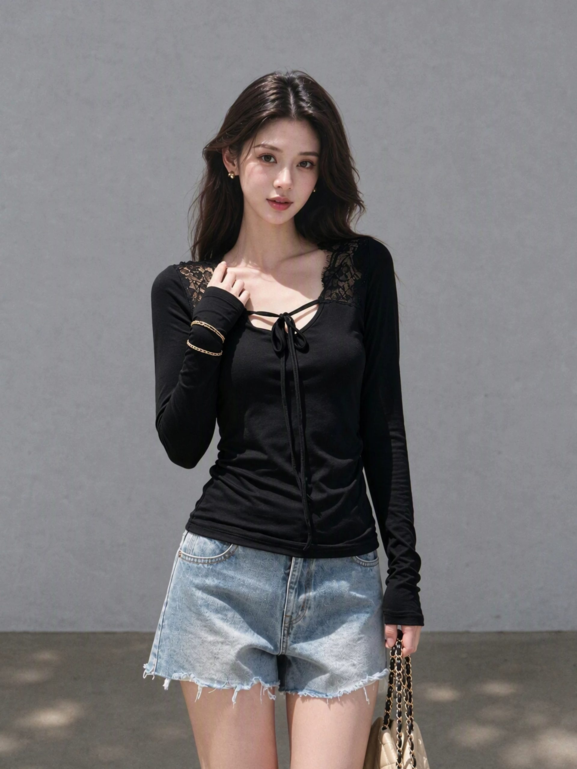 Women's Lace Patchwork Shoulder Long Sleeve V-Neck Tie Slimming Top - Image 3