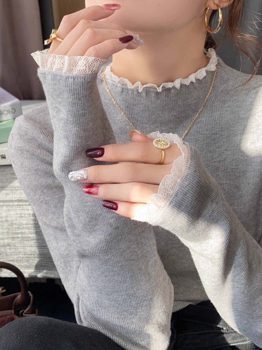 Women's Lace Half Turtleneck Knit Top 2026 Fall Slim Fit Long Sleeve Base Layer - Image 4